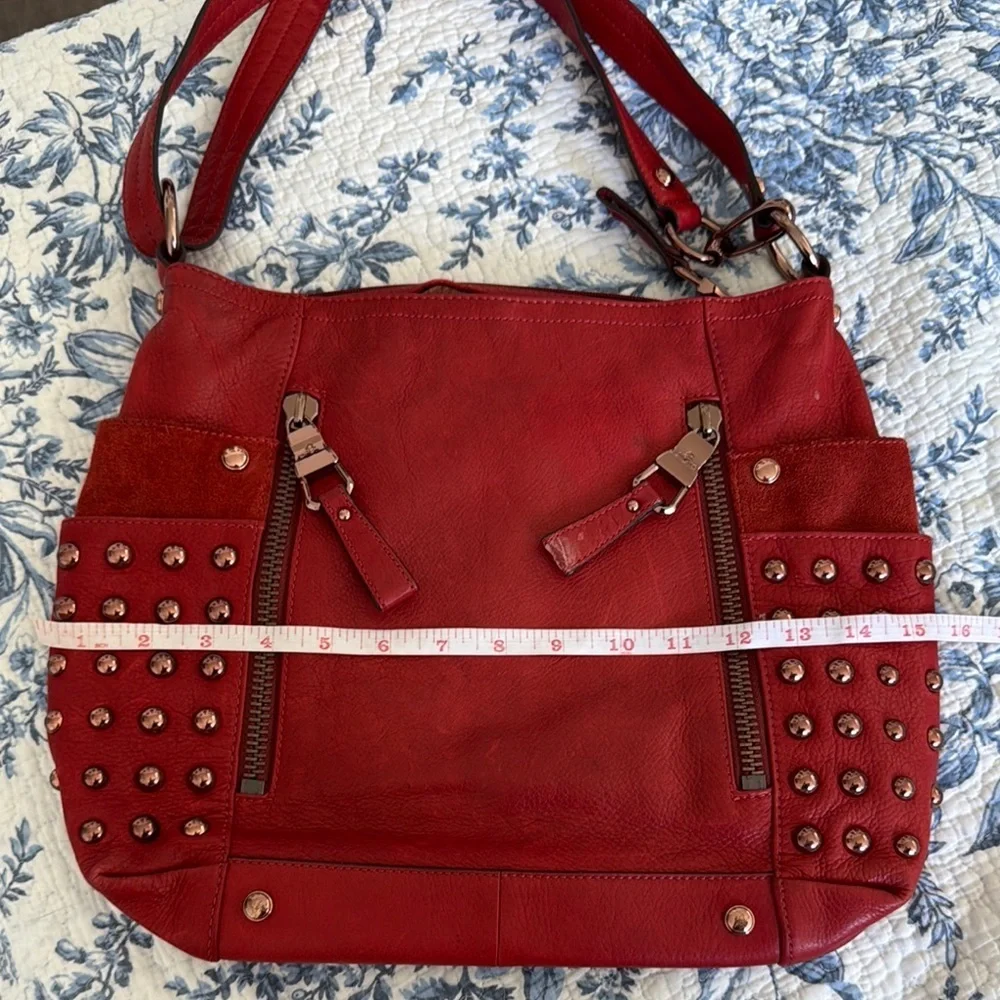 B. Makowsky Red Leather and Rose Gold Studded Bag